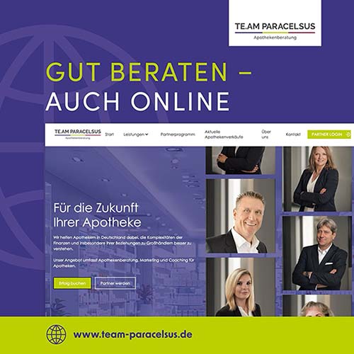 Website von TE.AM Paracelsus mit dem Slogan ‚Gut beraten – auch online‘ und Beraterporträts der Apothekenberatung