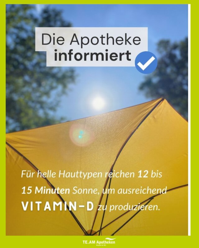 ☀ Schon gewusst? Je nach Hauttyp reichen schon wenige Minuten Sonne aus, um die körpereigene Vitamin-D-Produktion anzukurbeln! 🧴✨
Das funktioniert sogar hautschonend – mit Sonnenschutz und selbst im Schatten! 😎🌿
___________________________________________________
✔️Melde dich gerne bei Fragen bei uns in der Apotheke
📍Sprockhövel - Hauptstr. 37
📞 02324 / 73021
📱 TE.AM Apotheken App
💻 online Vorbestellung
🚙 Botendienst
📦 Versand (Deutschlandweite Zustellung innerhalb von 5–7 Tagen)
🌎 www.team-apotheken.de
___________________________________________________
#VitaminD #Sonnenschutz #Hautgesundheit #Sommerzeit #SchattenIstCool #GesundeHaut #ApothekenTipp #TeamApotheken #Sonnenvitamin #Wissenswertes #Hautpflege #gesundvorort #team_apotheken